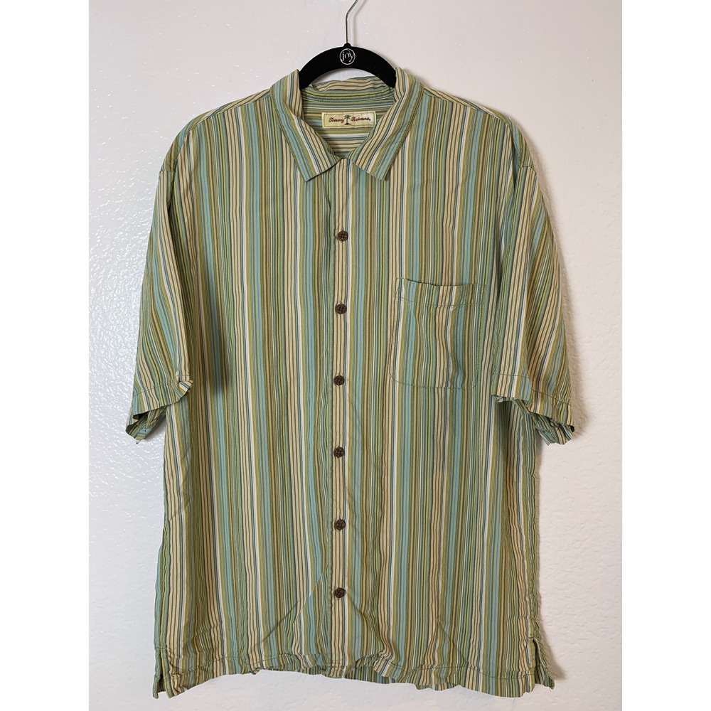Tommy Bahama Button Down Mens L Green Striped Silk Camp Shirt Tropical Coastal
